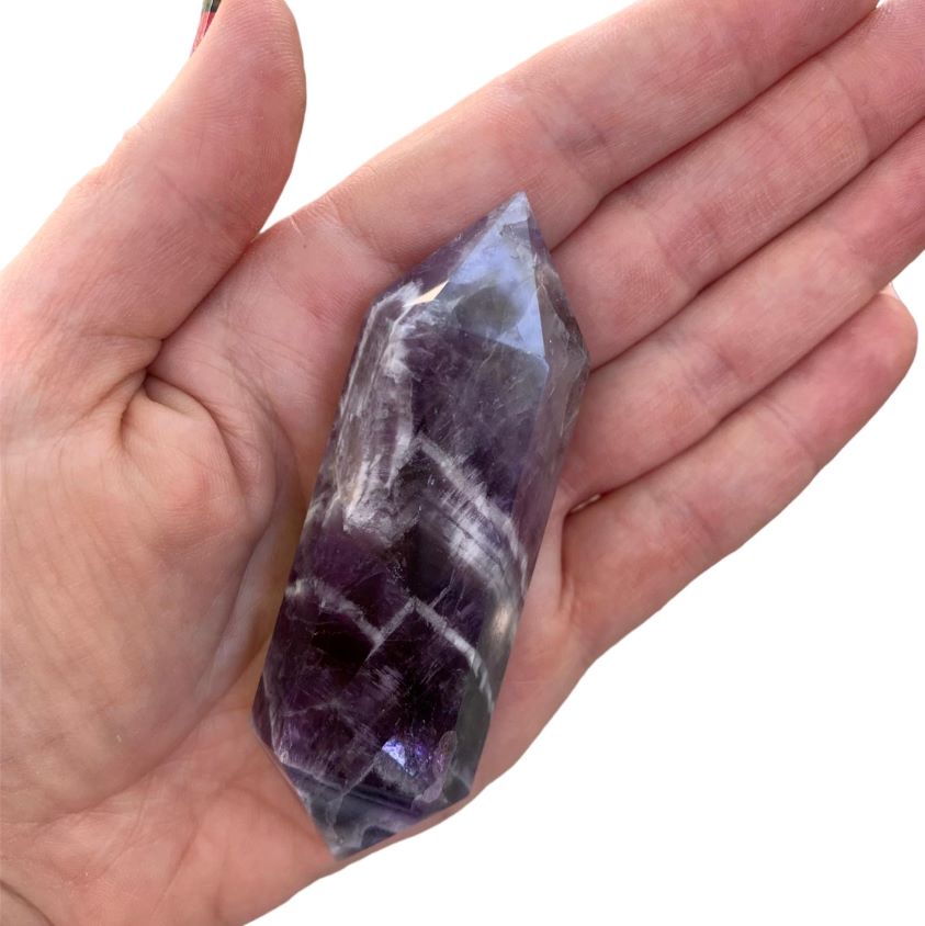 Stone Point Crystal Tower Chevron Amethyst with Hand for Scale 3 to 5 inches