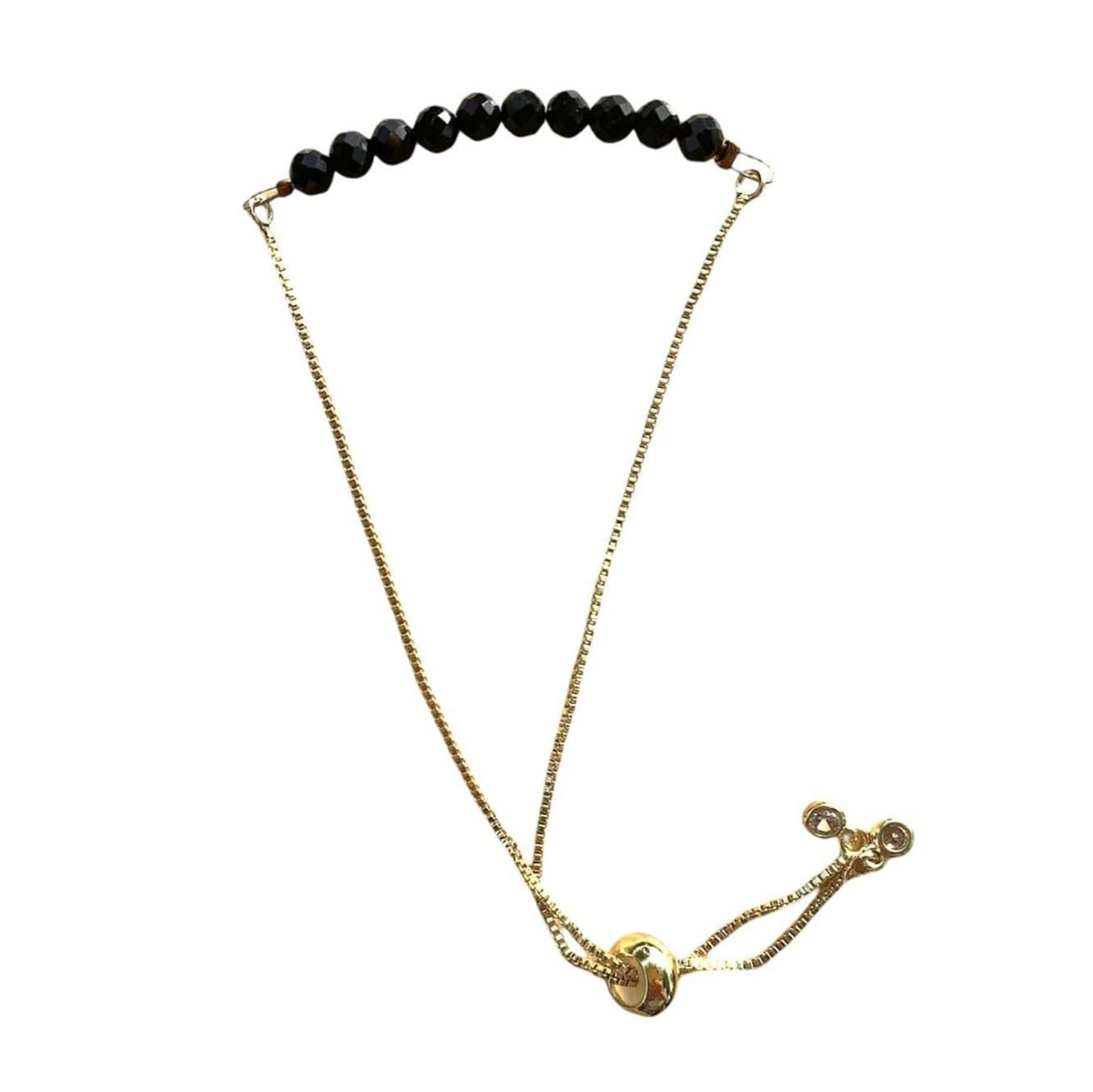 Black Onyx Bracelet Faceted Round Beads with Adjustable Chain