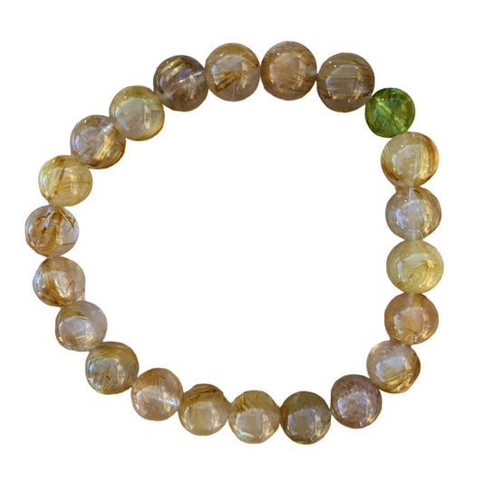 Healing Crystal Bracelets Rutilated Quartz 8mm Beads with Peridot Accent Bead