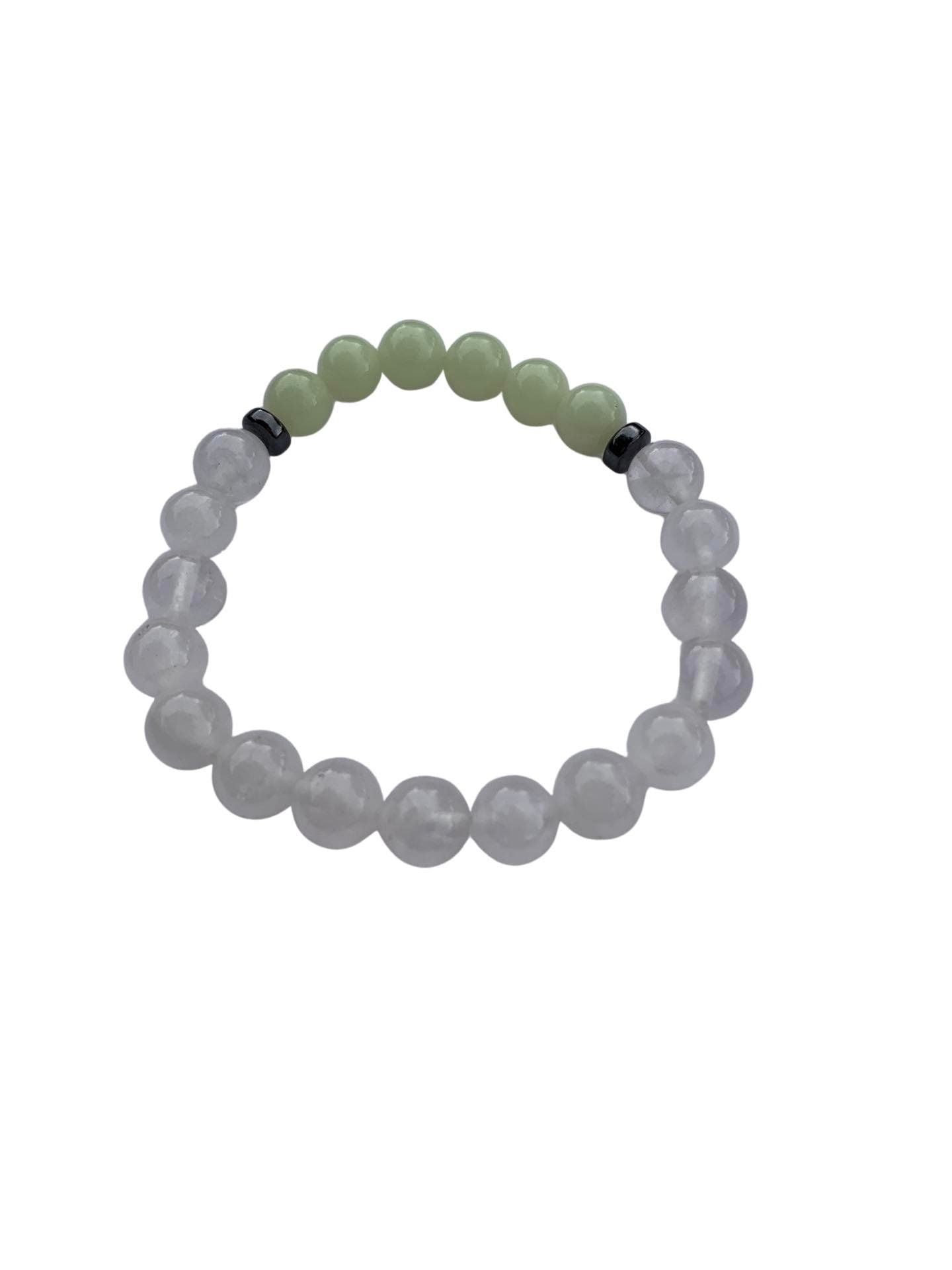 Aragonite Green/Yellow with Clear Quartz Bracelet 8 mm Round Beads - Naturally Glows in the Dark