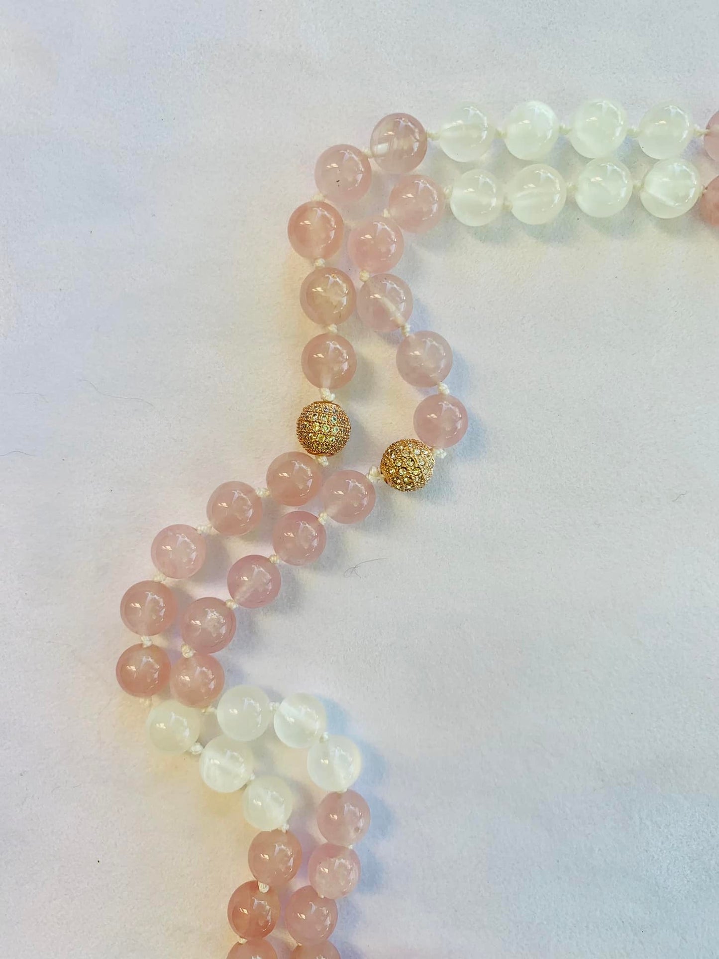 Kali Mala - Motherly Love Energy - Madagascar Rose Quartz, Gypsum, Rose Gold Colors Accent Beads with Rhinestones