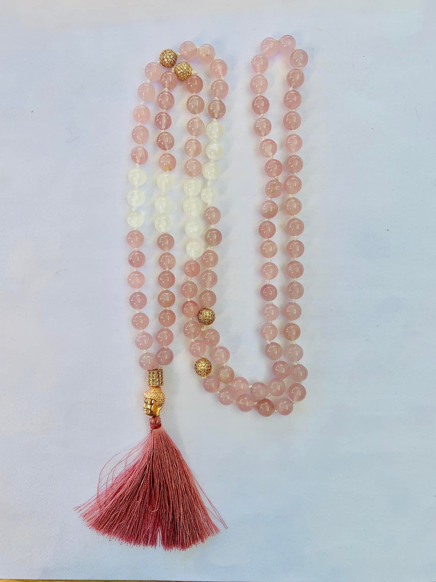 Kali Mala - Motherly Love Energy - Madagascar Rose Quartz, Gypsum, Rose Gold Colors Accent Beads with Rhinestones