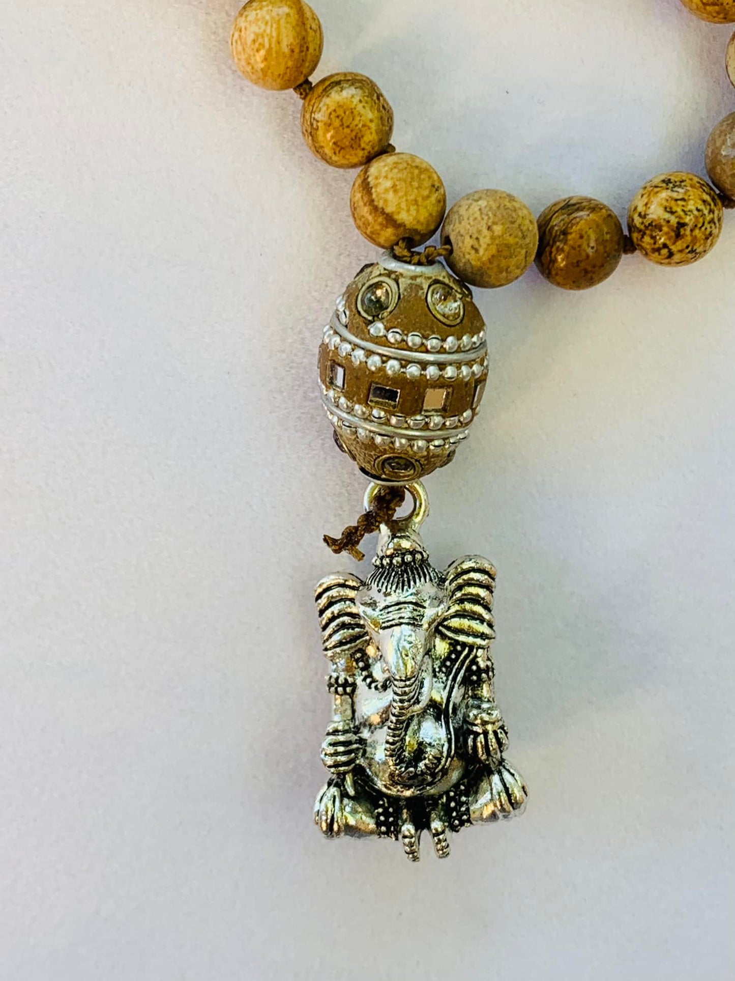 Nisaba Mala - Worldly Knowledge - Picture Jasper, Elephant Beads and "Tassel," Tibetan Guru