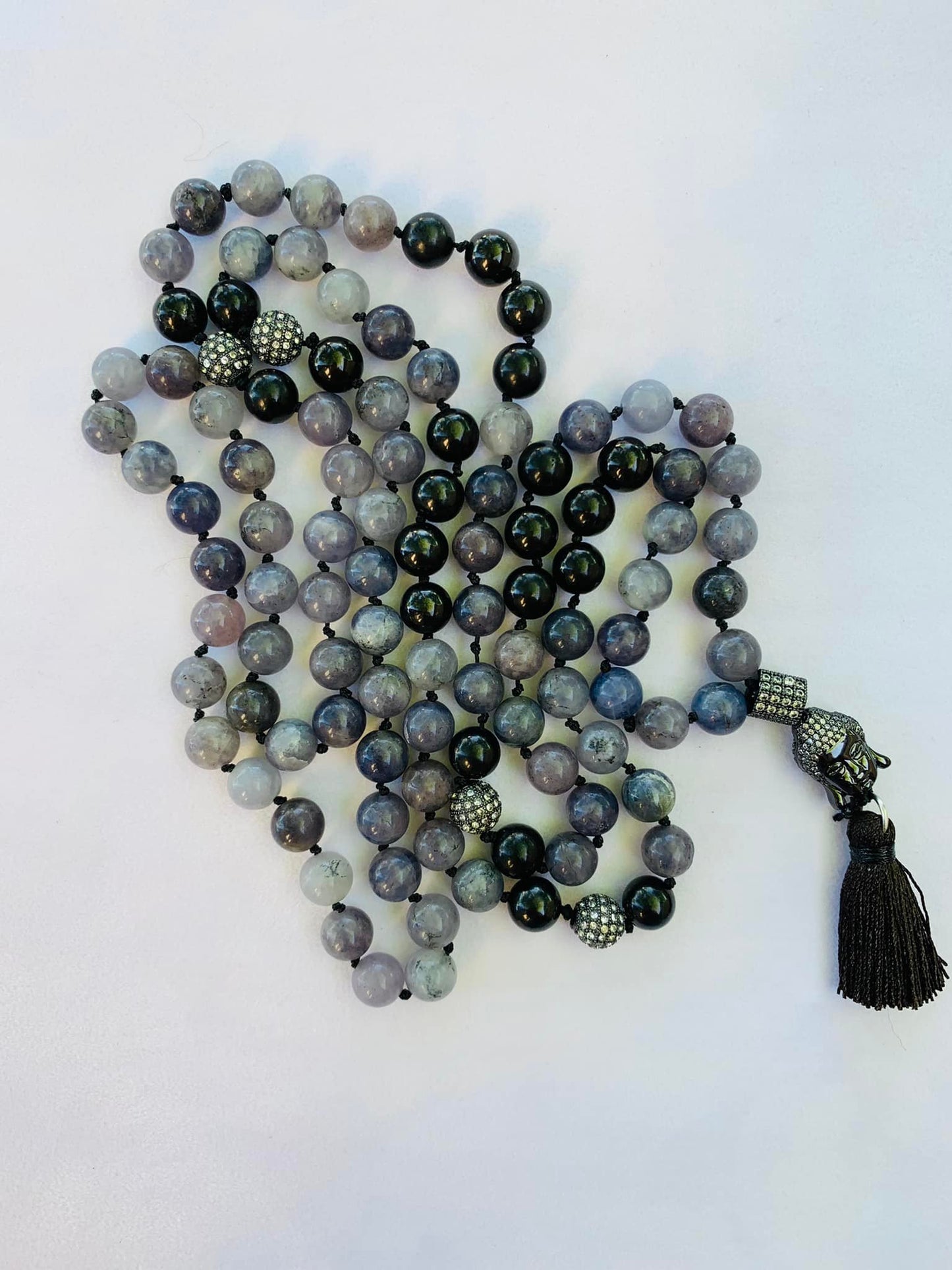 Persephone Mala - Connecting With Your Master Guide - Iolite, Shungite, Black Metal Accent Beads with Rhinestones