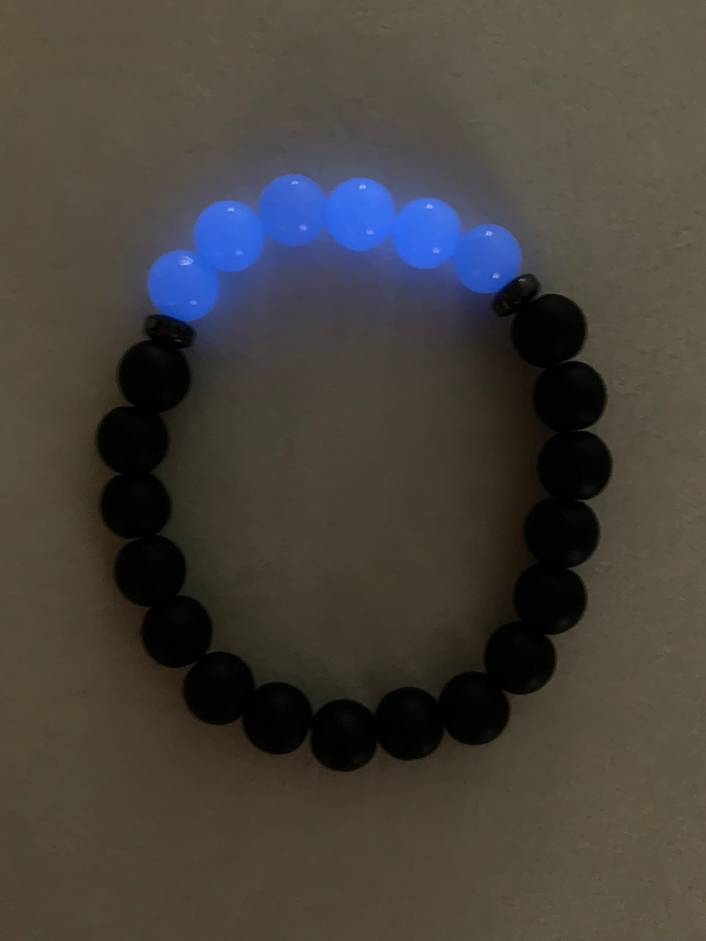 Aragonite Blue with Onyx Bracelet 8 mm Round Beads - Naturally Glows in the Dark
