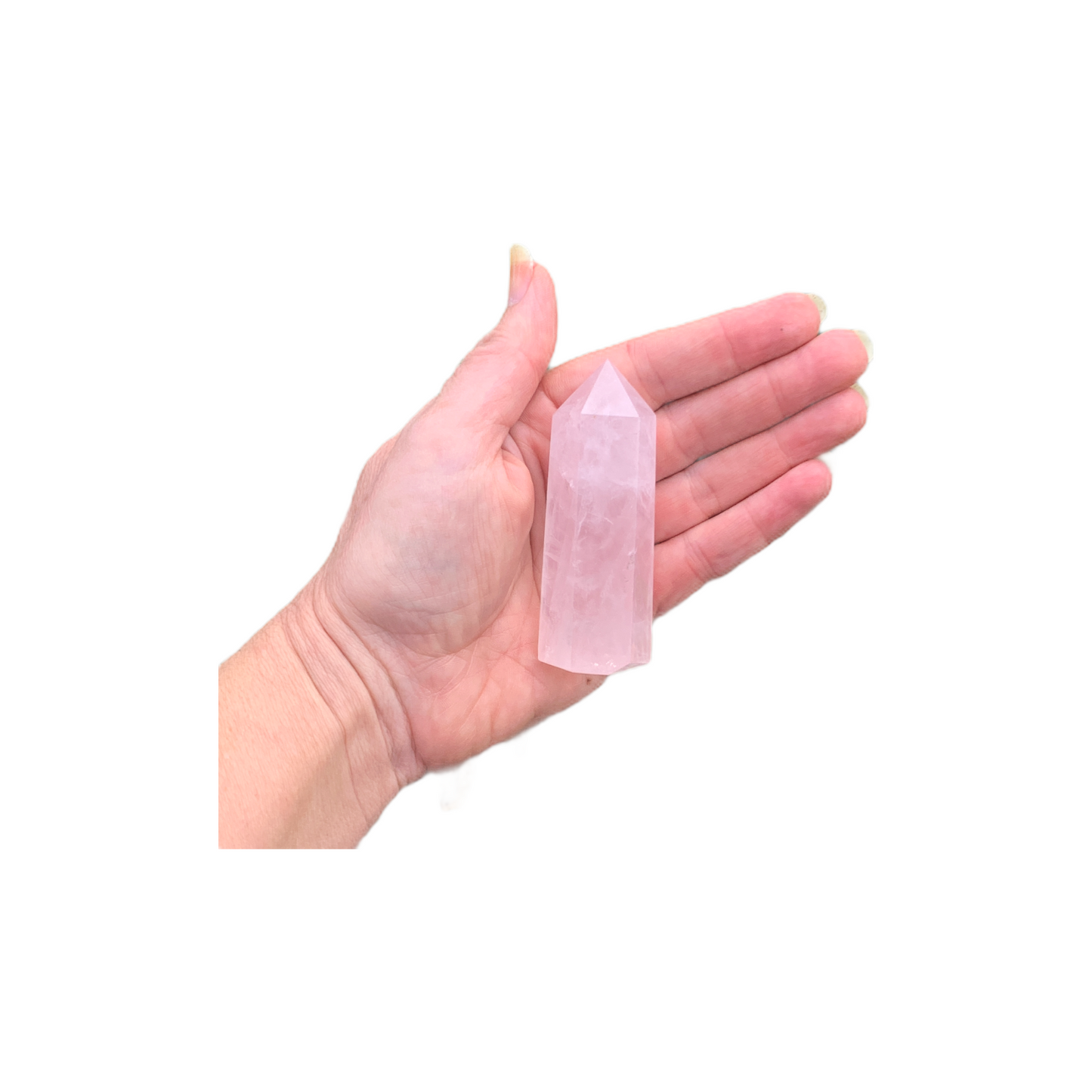 Stone Point Crystal Tower Rose Quartz with Hand for Scale 3-5 Inches