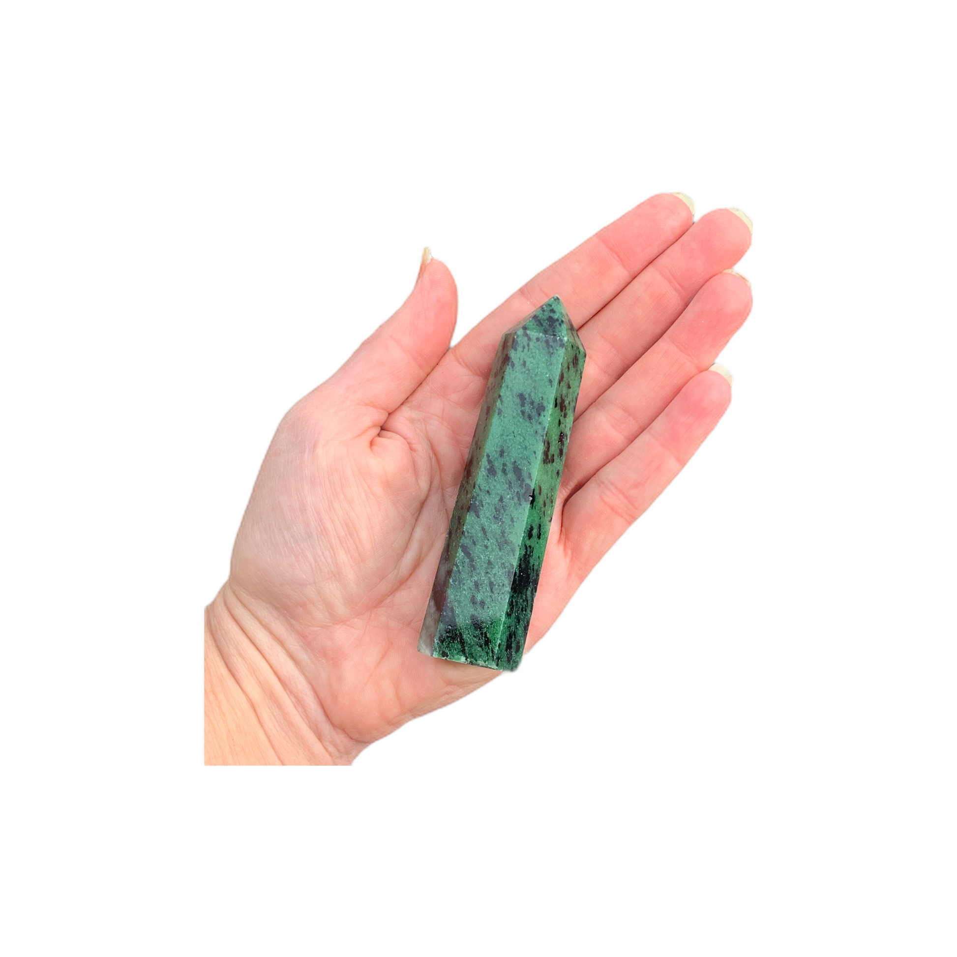 Stone Point Crystal Tower Ruby Zoisite with Hand for Scale 4 Inches